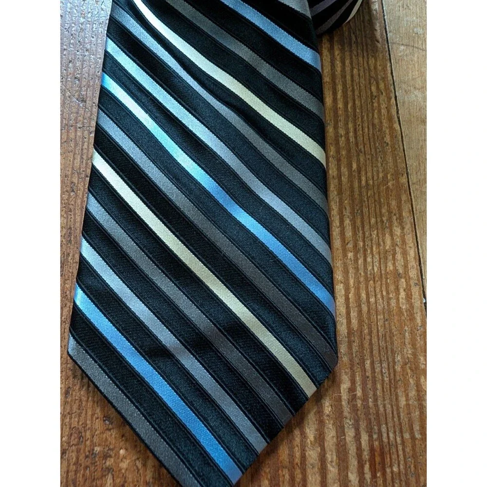 Hart Schaffner Marx Black Blue Yellow Cross-Striped 100% Silk Tie Made In USA